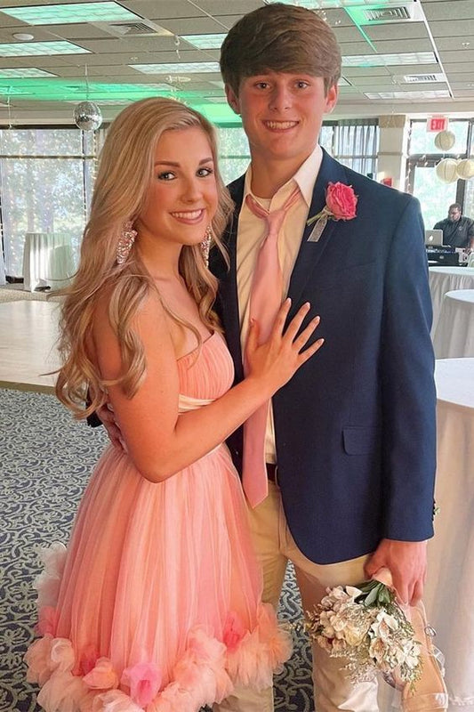 Stapless Peach Short Tulle Homecoming Dress with Flowers C795