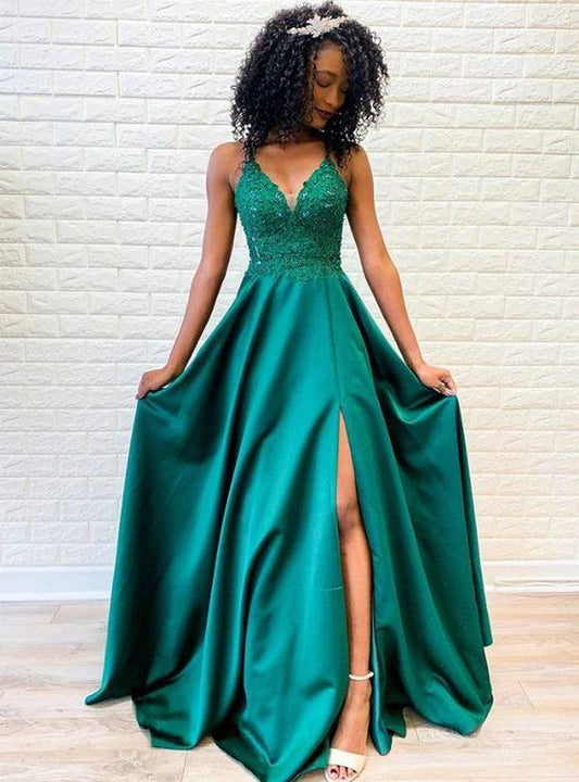 A Line Elastic Satin Hunter Green Sweetheart Side Slit Lace Up Long Prom Dresses C166