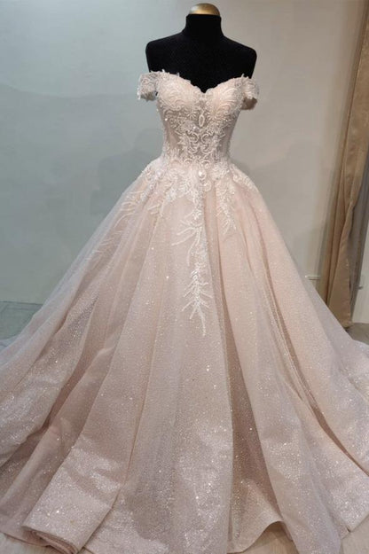 Pink lace long A line prom dress off shoulder evening dress C1346