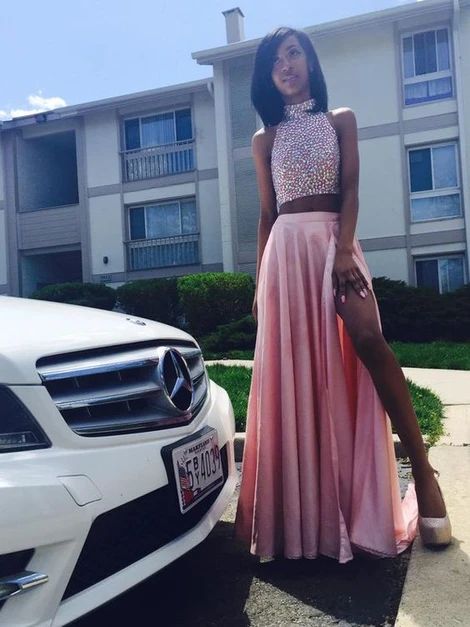 Sexy Prom Dresses Two 2 Pieces Pink Beads Rhinestones Backless Formal Dress C915