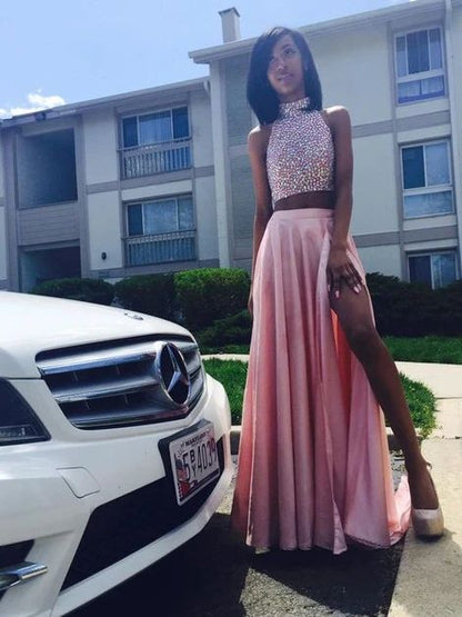Sexy Prom Dresses Two 2 Pieces Pink Beads Rhinestones Backless Formal Dress C915