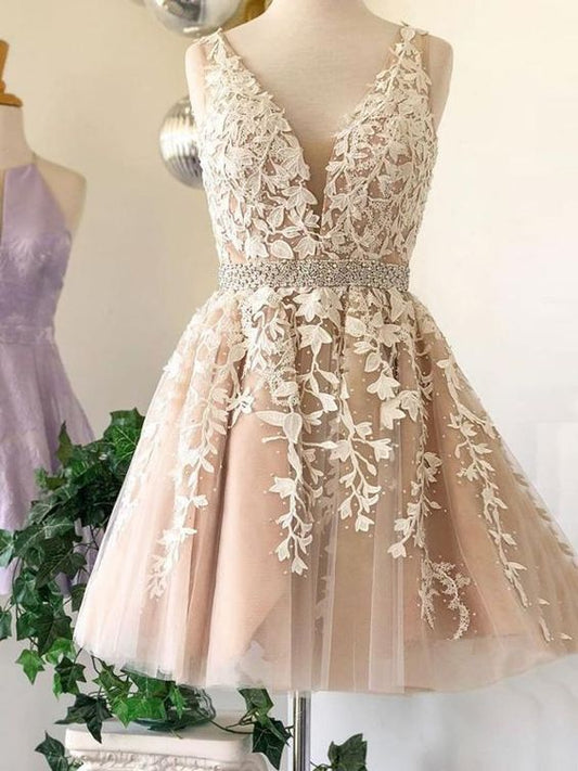 A Line V Neck Short Champagne Lace Wedding Dresses, Short Champagne Lace Homecoming Dresses C599
