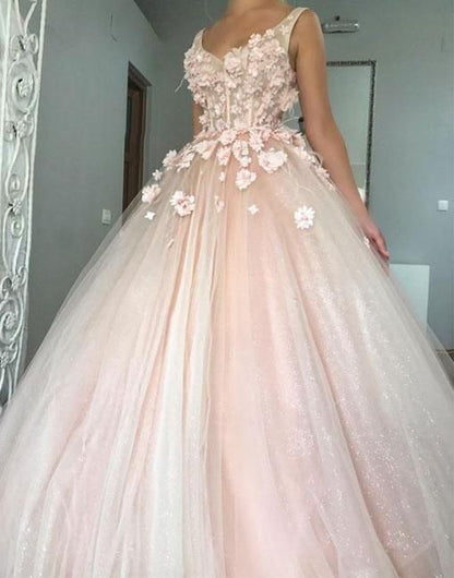 Pink V Neck Tulle Long Prom Dress, Pink Evening Dress C212