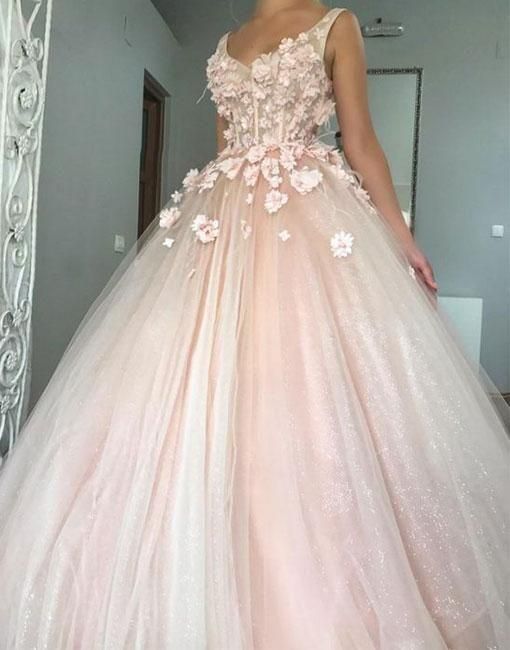 Pink V Neck Tulle Long Prom Dress, Pink Evening Dress C212