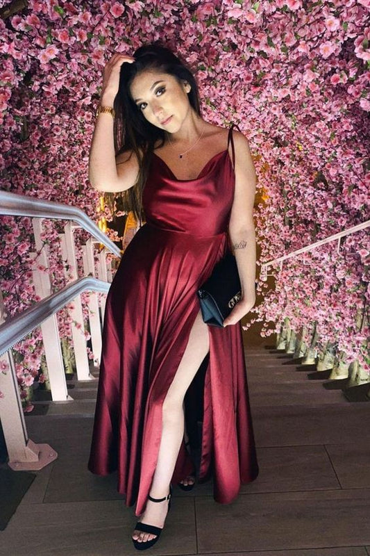 Tie shoulder burgundy a-line long prom dress with C944