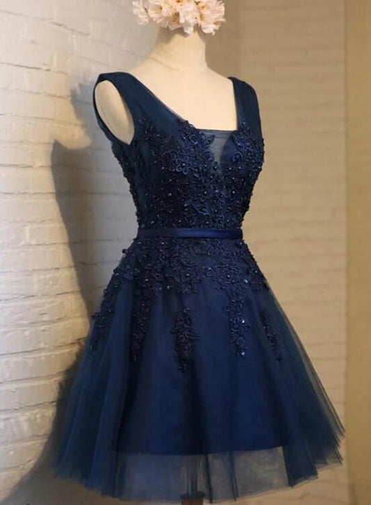 Cute Navy Blue Knee Length Lace Applique Party Dress, Homecoming Dress  C872