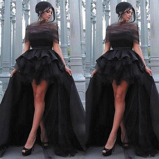 high low prom dresses ball gown black 2021 vintage elegant cheap prom gown  C1449