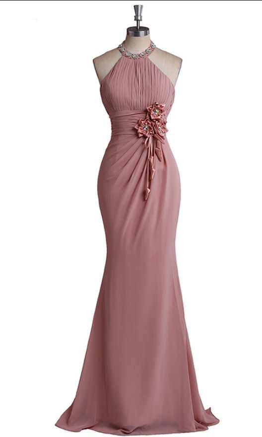 Halter Ruched Chiffon, Mermaid Long Prom Dress, halter neck Evening Dress , Floral Appliqués C762
