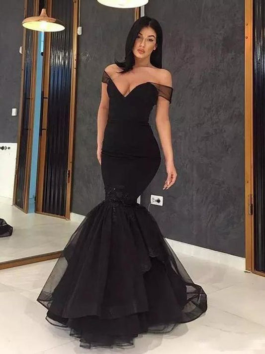 Sheer Black Organza Off The Shoulder Mermaid Sexy Tiered Ruffles Deep V Neck Prom Dresses  C179