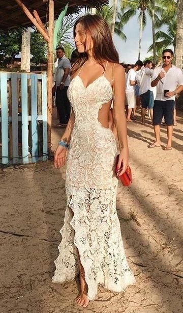Modest White Lace Mermaid Prom Dresses, Simple Spaghetti Straps Party Dresses With Slit C1662