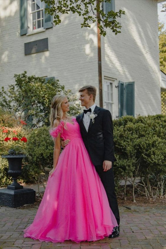 princess off the shoulder hot pink prom dress with feather long tulle fromal dress C980