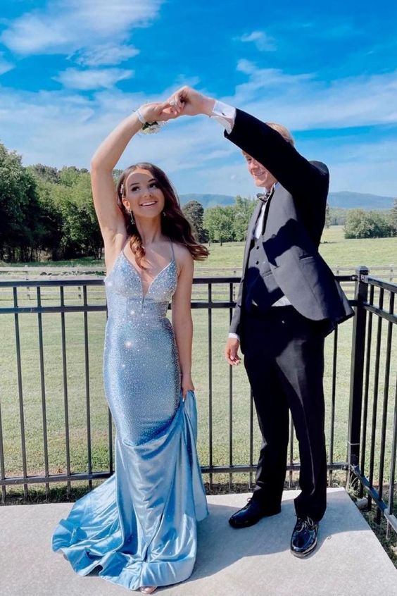 Mermaid Light Blue Beaded Long Prom Dress C901