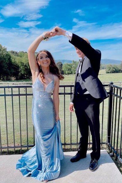Mermaid Light Blue Beaded Long Prom Dress C901