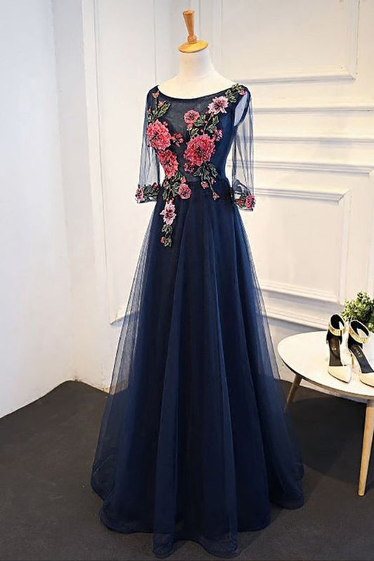 Navy Blue Tulle A-line Flower Appliques Prom Dress With Sleeves C1076
