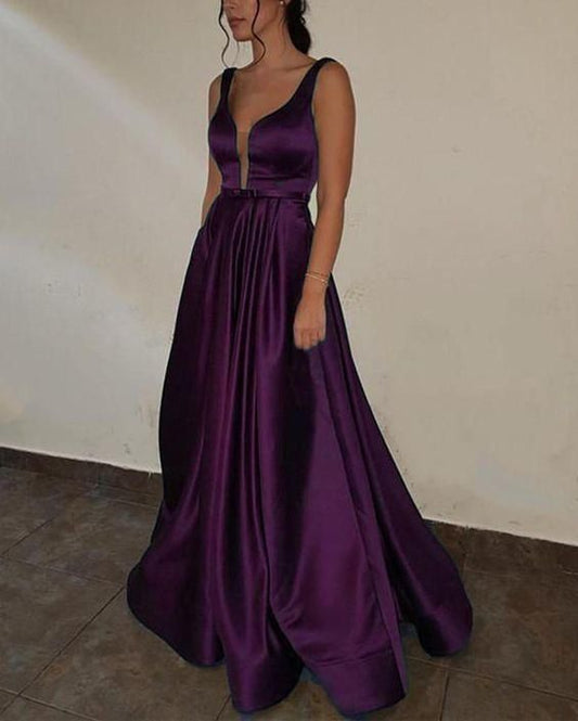 Purple Prom dress with Deep V Neck A Line Satin Formal Gown Long C376