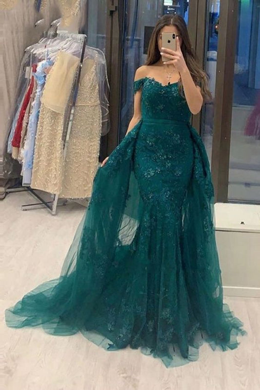 Off The Shoulder Sweetheart Jade Tulle Lace Mermaid Evening Dresses With Detachable Train C1368