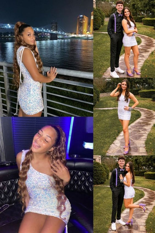 one shoulder white sequins mini bodycon dress party dress C803