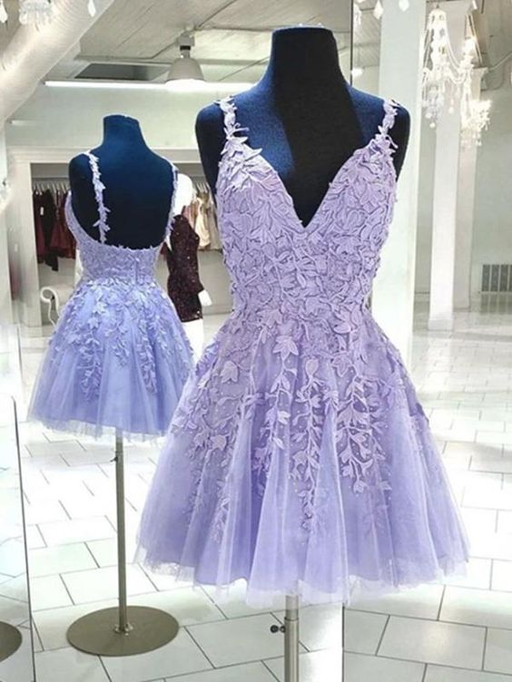 V Neck Backless Purple Lace Short,Open Back Purple Lace Homecoming Dresses C601