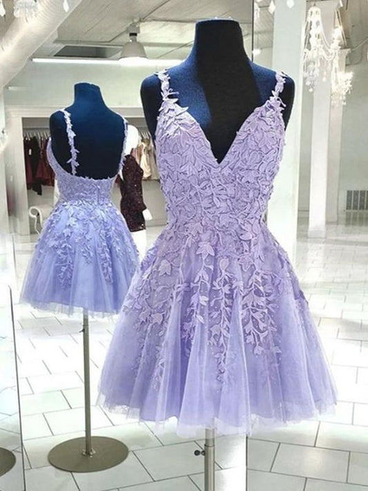 V Neck Backless Purple Lace Short,Open Back Purple Lace Homecoming Dresses C601