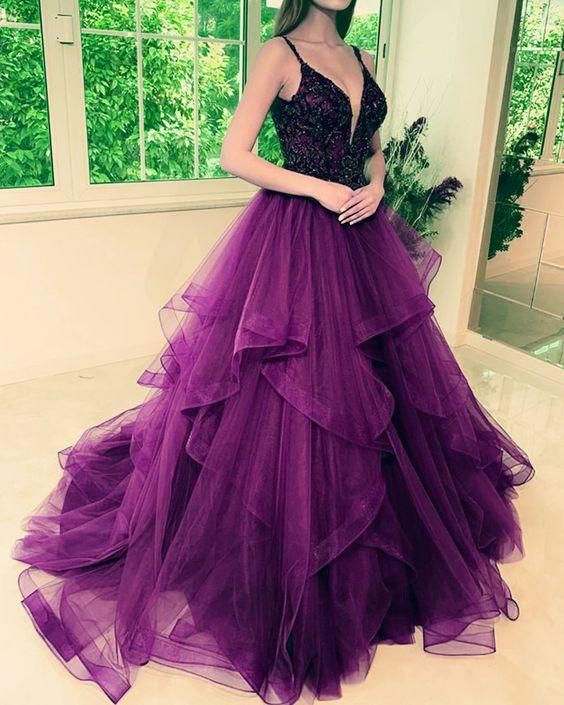 Lace beaded v neck ball gown prom dresses purple C448