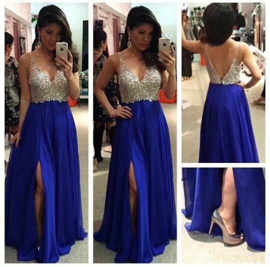 V-neck Beaded Long Prom Dress Roayl Blue Formal Dress C765