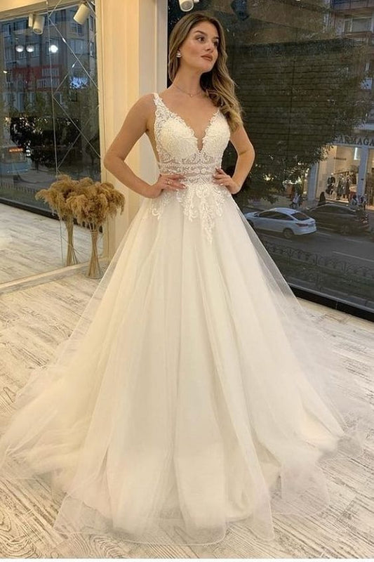 Sleeveless V Neck Tulle Ruffles Lace Wedding Dresses, Long Prom Dress C1371
