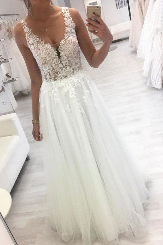 White v neck tulle lace long prom dress tulle lace formal dress  C310