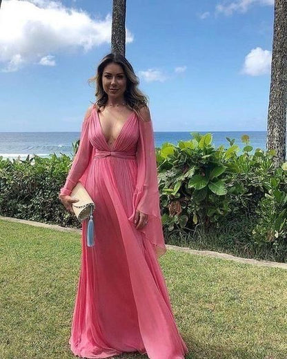 Sexy Deep V Collar Long-Sleeved Long Expansion Vacation Dress,Backless Evening Dress,Chiffon Prom Dress  C1432