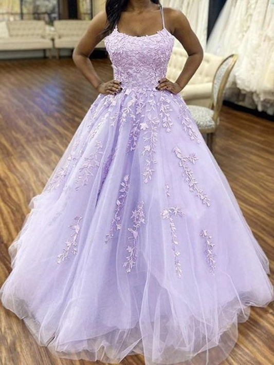 Purple Tulle Long Lace Prom Dresses, Open Back Purple Lace Formal Evening Dresses C767