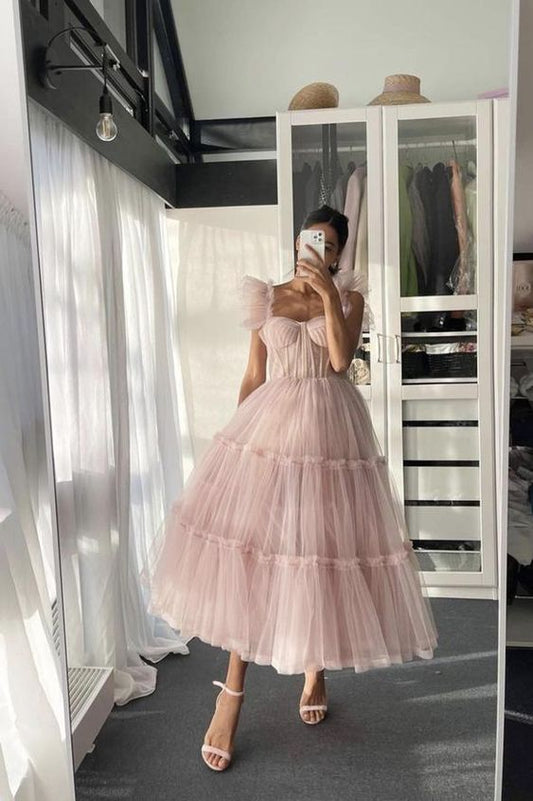 Pink tulle short A line prom dress homecoming dress C1138