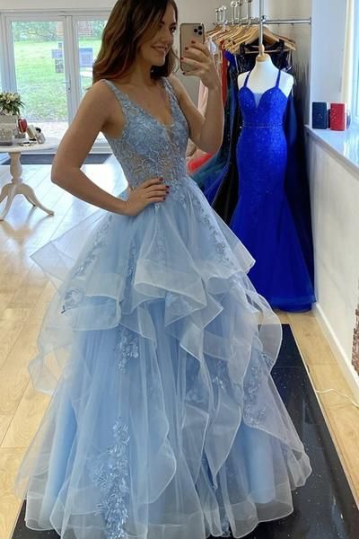 V Neck Fluffy Blue Lace Long Prom Dress, Blue Lace Formal Dress, Layered Blue Evening Dress  C390