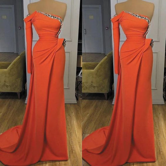 coral evening dresses long one shoulder beaded sparkly elegant modest mermaid evening gown C1246