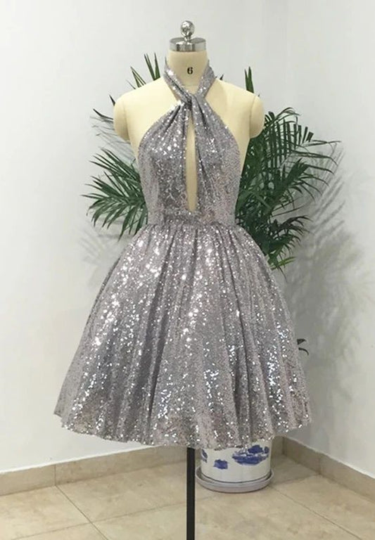 Silver Halter Sequined Backless Short Homecoming Dress, Sparkly Party Dress C1242