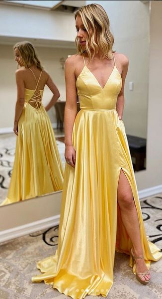 Yellow Simple Prom Dress with Lace up back Long Prom Dresses 8th Graduation Dress Formal Dress C69