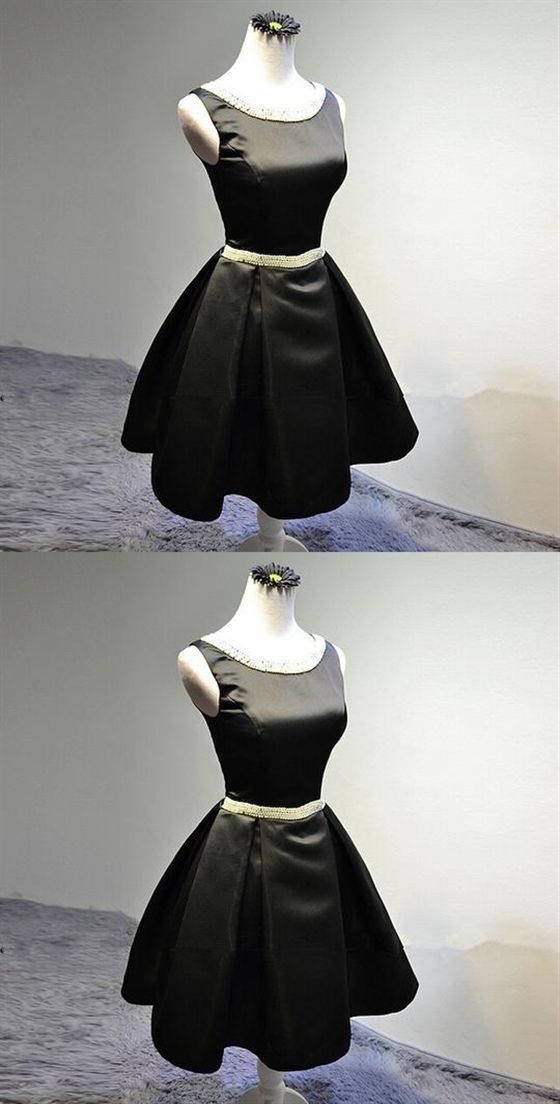 Black Sleeveless A Line Beaded Homecoming Dresses Short Cocktail Dress C670