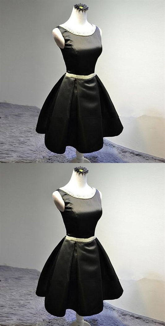 Black Sleeveless A Line Beaded Homecoming Dresses Short Cocktail Dress C670