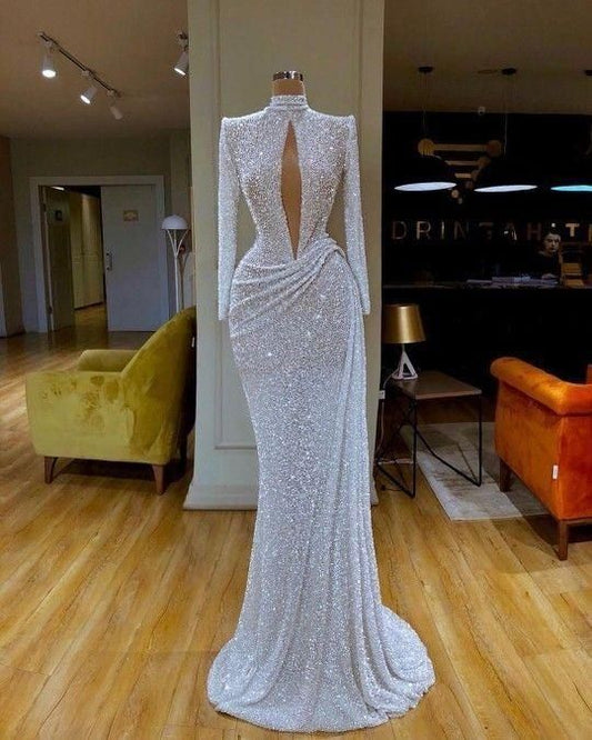 Long Sleeves Pageant Dress With Sheer Front Evening Dress C1186
