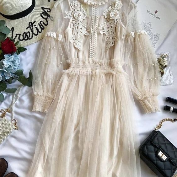 New Women Fashion Dress Stand Collar Lantern Sleeve Mesh Dress See-through Lace Embroidery Fairy Dress ,Tulle Prom Dress C898