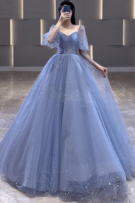 Blue tulle long ball gown dress A line formal dress  C1337