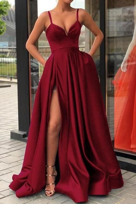 High Thigh Slit Burgundy Formal Prom Dresses with Double Straps C1612