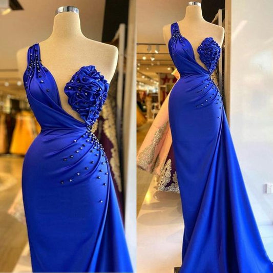 Mermaid Royal Blue Prom Dresses Satin African One Shoulder Crystal Beading Evening Gowns Formal Winter Party  C1206