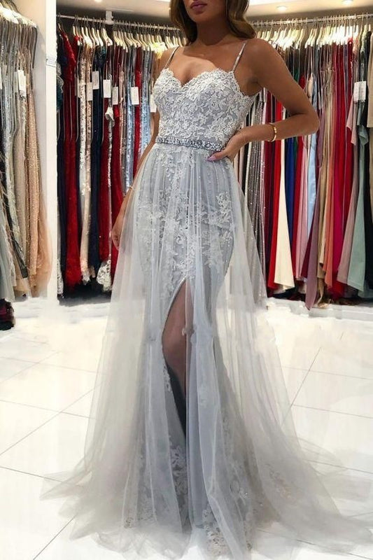 Sweetheart Silver Lace Prom Dresses Tulle with Beadings C298