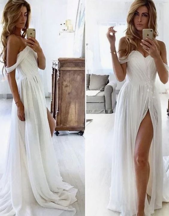 Off the Shouder White Prom Dresses with Split Side C302