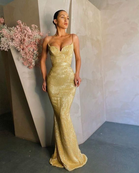 gorgoues gold sequin long mermaid prom dress C1273