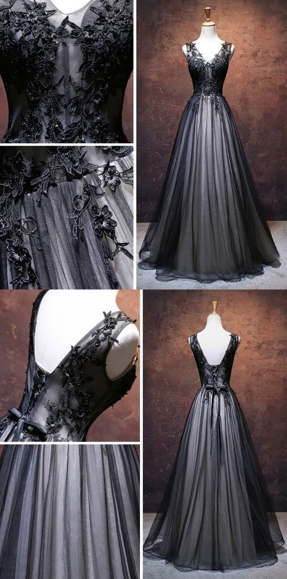 CHIC A-LINE V-NECK FLOOR LENGTH TULLE BLACK APPLIQUE LONG PROM DRESS EVENING DRESS C1592