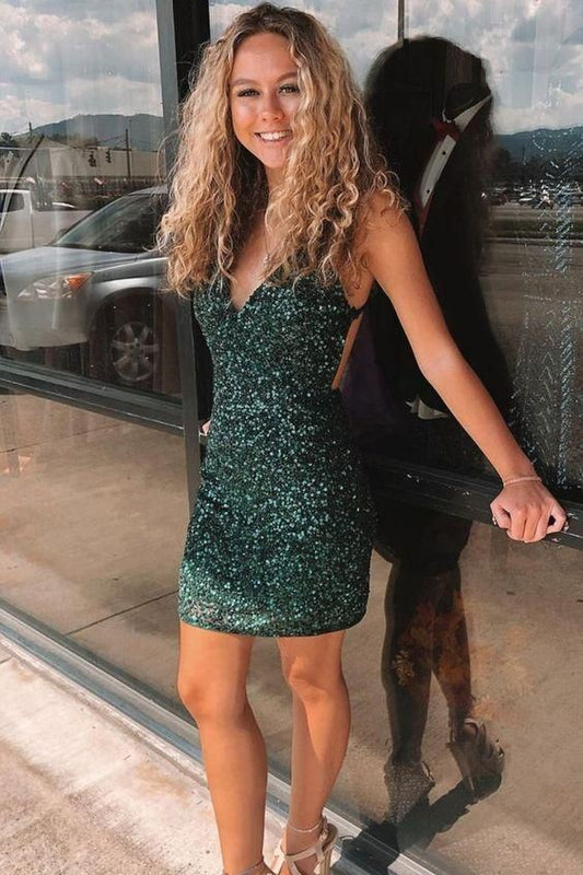 tight dark green sequins mini homecoming dress party dress  C1134