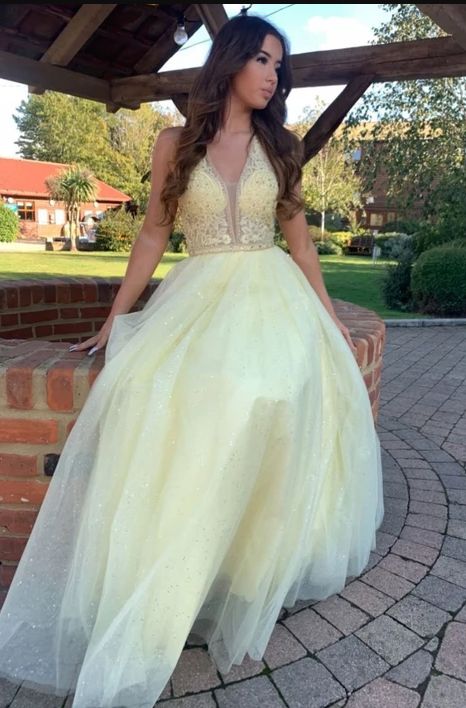 Yellow v neck tulle lace long prom dress yellow formal dress  C1111