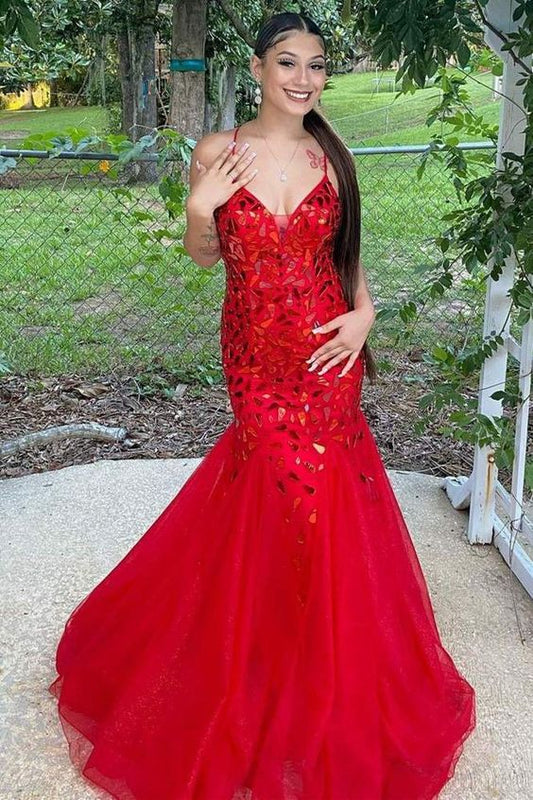 Straps Trumpet Red Sequins Long Prom Dress  C696