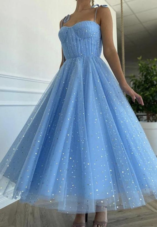 Blue tulle sequins tea length prom dress party dress  C119