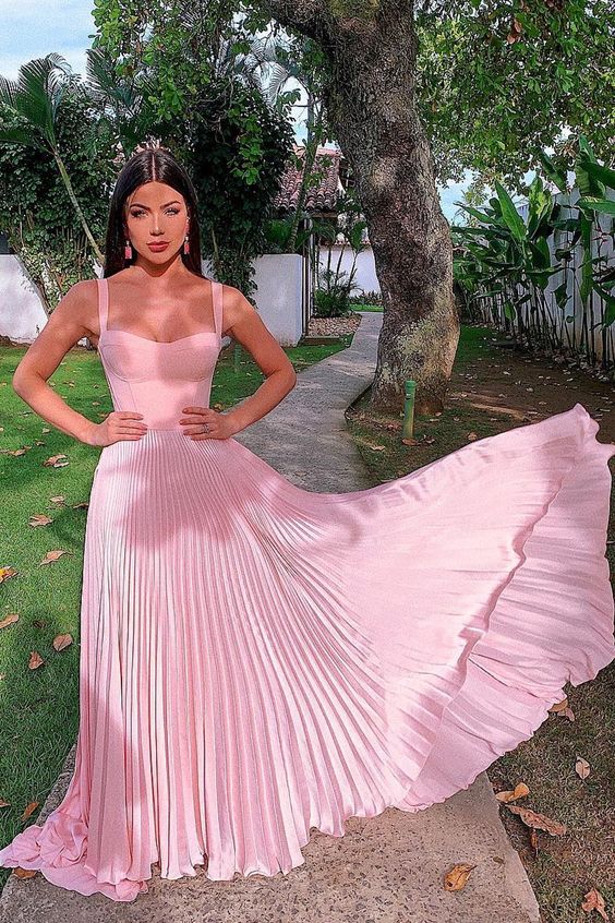 Pretty A-Line Straps Pink Prom Dress with Pleats Sleeveless Long Party Dress C1532